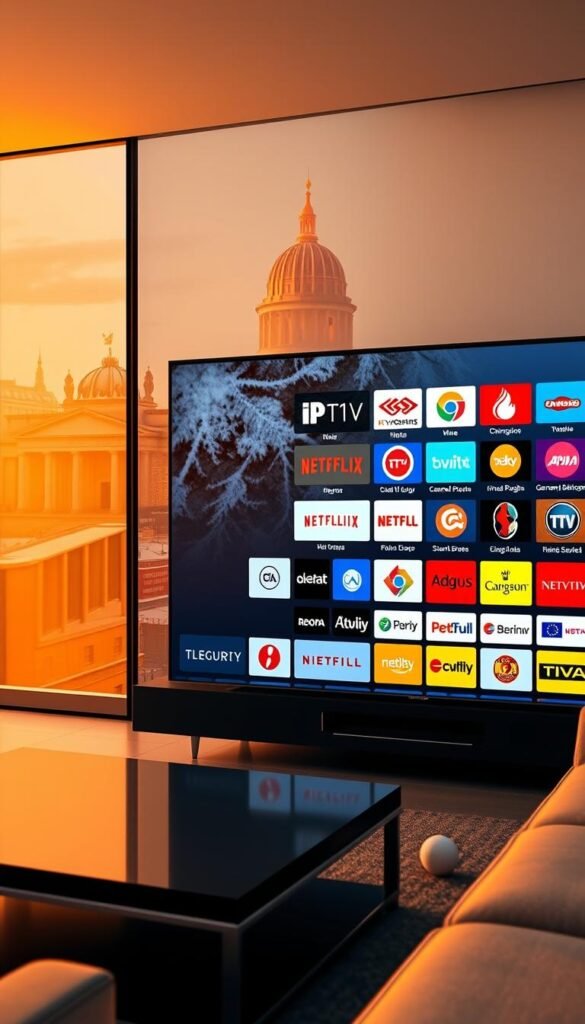 A vibrant, high-resolution image showcasing the diverse international content available through a German IPTV provider, Hoxtoon Provider. In the foreground, a sleek, modern smart TV displays a grid of international channel logos, ranging from popular American networks to niche Asian and European offerings. The middle ground features a stylish, minimalist living room setting, with a cozy couch and coffee table, conveying a sense of comfortable home entertainment. The background depicts a cityscape of iconic German landmarks, such as the Brandenburg Gate and Reichstag building, bathed in warm, golden lighting, suggesting the global reach and local appeal of the IPTV service. The overall scene exudes a mood of cosmopolitan sophistication and technological innovation.