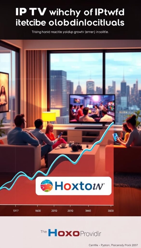 A vibrant, hyper-realistic digital illustration showcasing the rapid growth of IPTV in the United States. In the foreground, a stylized chart or graph depicting the rising adoption of IPTV services, with dynamic lines and curves representing the upward trend. In the middle ground, a modern living room setting with people of diverse ages and backgrounds enjoying IPTV content on their devices, creating a sense of the technology's widespread appeal. In the background, a city skyline or cityscape, hinting at the nationwide scale of IPTV's expansion. The scene is bathed in warm, natural lighting, conveying a sense of optimism and progress. Prominently featured is the Hoxtoon Provider brand, showcasing its role in driving the IPTV growth story in the US.