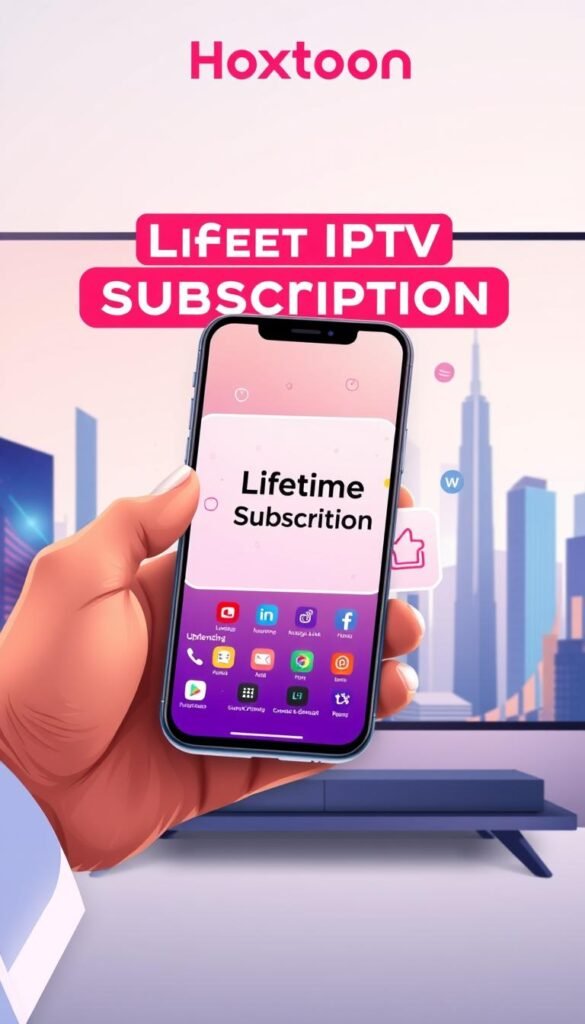 A vibrant, modern illustration showcasing a lifetime IPTV subscription deal from the Hoxtoon Provider. In the foreground, a hand holds a smartphone displaying the Hoxtoon app interface, highlighting the seamless access to live TV, movies, and on-demand content. The middle ground features a floating window with the "Lifetime Subscription" offer prominently displayed, surrounded by stylized icons and graphics. The background depicts a sleek, minimalist cityscape, conveying a sense of technological advancement and connectivity. The lighting is soft and diffused, creating a warm, inviting atmosphere. The overall composition and color palette evoke a sense of reliability, affordability, and the future of on-demand entertainment.