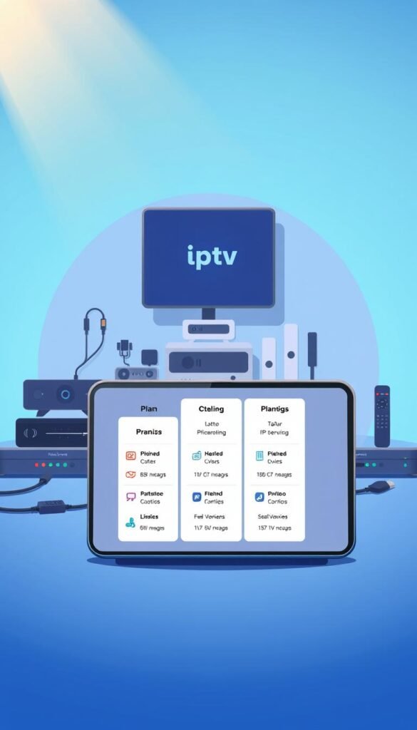 A vibrant, modern illustration showcasing the Hoxtoon Provider IPTV subscription plans. In the foreground, a sleek, minimalist device displaying a range of plan options, highlighted by bold typography and clean iconography. The middle ground features a minimalist arrangement of stylized IPTV devices, cables, and remote controls, hinting at the connectivity and accessibility of the service. The background is a gradient of soothing blues and grays, conveying a sense of professionalism and technology. Warm, directional lighting from the top left casts subtle shadows, adding depth and dimension to the scene. The overall mood is one of premium quality, user-friendliness, and the convenience of a lifetime IPTV M3U subscription.
