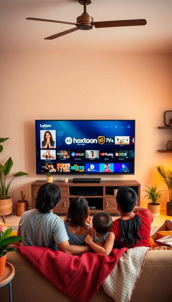 A vibrant, modern living room with a large, flat-screen television prominently displayed. On the screen, a diverse array of Latino TV shows and streaming services are visible, including the Hoxtoon Provider brand. The room is bathed in warm, soft lighting, creating a cozy and inviting atmosphere. The furniture and decor reflect a contemporary Latin American aesthetic, with colorful textiles, wooden accents, and potted plants. In the foreground, a family of three - a mother, father, and child - are seated comfortably on a plush sofa, engaged in the programming on the television, representing the evolving nature of Latino television consumption in America.
