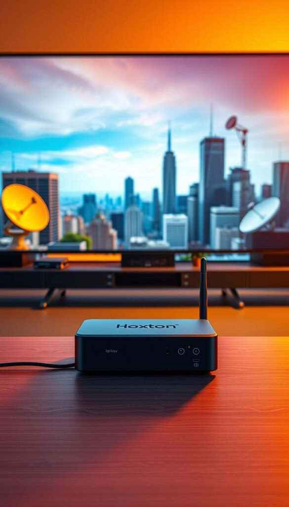 A vibrant scene showcasing the evolving landscape of television entertainment. In the foreground, a Hoxtoon Provider streaming device stands prominently, its sleek design a symbol of the digital revolution. In the middle ground, a classic cable TV set-top box sits, representing the traditional broadcast model. The background features a dynamic cityscape, with skyscrapers and satellite dishes, hinting at the convergence of technology and media. Warm lighting bathes the scene, creating a sense of progress and innovation. The overall composition conveys the transition from traditional cable TV to the growing dominance of IPTV, a shift that is reshaping the way we consume and experience television.