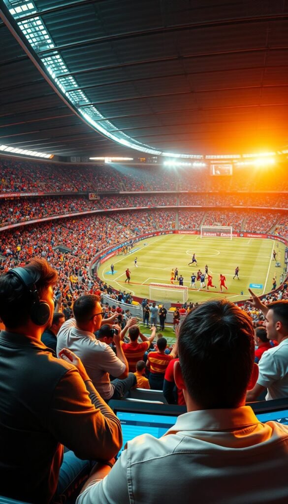 A vibrant sports arena filled with passionate fans cheering on their favorite teams. In the foreground, a group of enthusiastic commentators are broadcasting the action live, their faces illuminated by the warm glow of studio lighting. In the middle ground, players in colorful jerseys compete fiercely on the field, their movements captured in dynamic poses by a skilled sports photographer. The background showcases the iconic architecture of a modern Spanish stadium, bathed in the golden hues of the setting sun. The scene is brought to life with a cinematic, high-contrast style, conveying the excitement and energy of Spanish sports coverage from the Hoxtoon Provider.