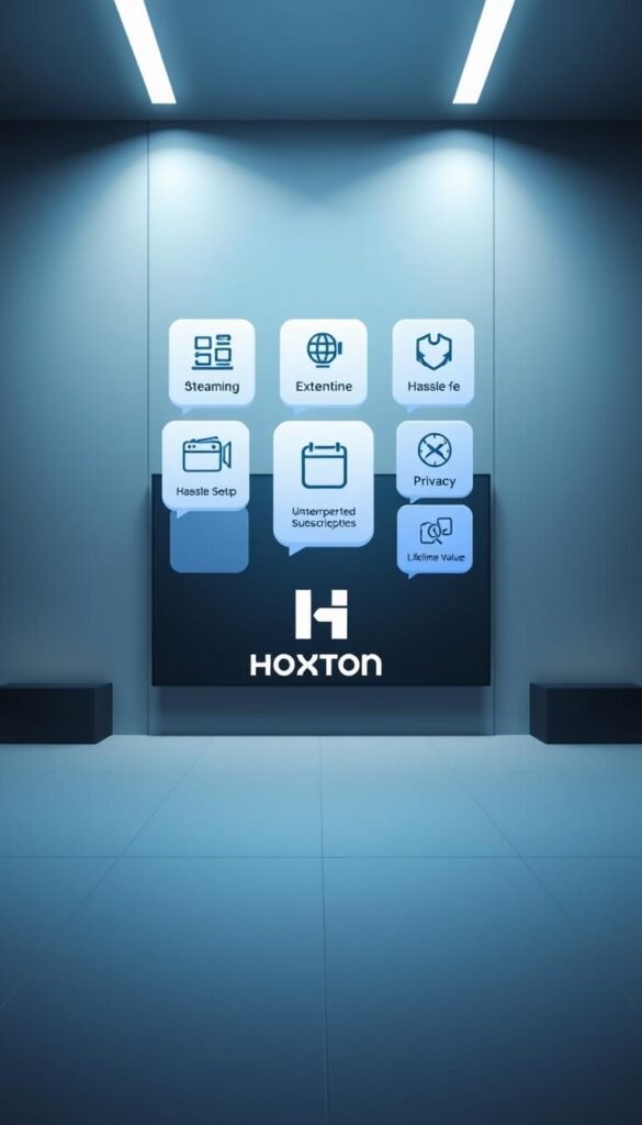 A visually striking illustration showcasing the key benefits of a Hoxtoon Provider IPTV lifetime subscription. Set against a sleek, modern backdrop, the foreground features a stylized grid of floating icons representing the core advantages - seamless HD streaming, extensive channel selection, hassle-free setup, uninterrupted access, secure privacy, cost-effective value, and lifetime service. The middle ground highlights a minimalist Hoxtoon Provider logo, conveying the brand's premium quality. The background subtly blends shades of blue and gray, creating a sense of technological sophistication. Crisp lighting and a slightly cinematic lens focus the viewer's attention on the compelling visual narrative.