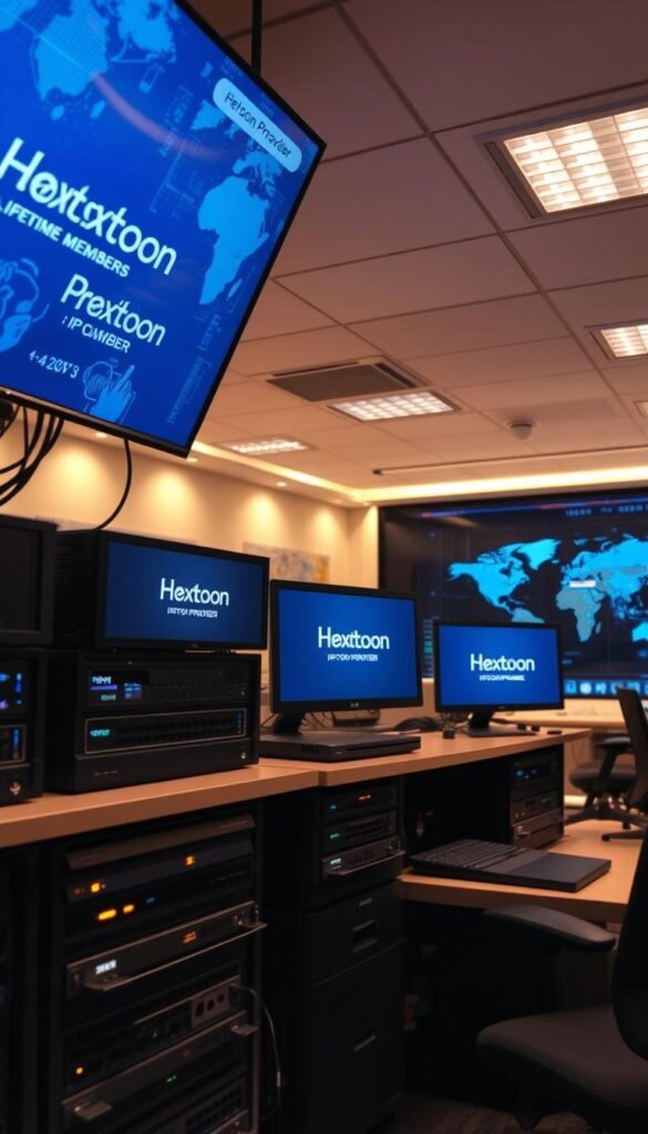 A well-equipped office interior with sophisticated networking equipment and display screens showcasing the Hoxtoon Provider brand. Sleek servers, routers, and network switches are neatly arranged, creating an impression of professionalism and reliability. Soft, directional lighting illuminates the space, casting a warm, reassuring glow. In the background, a large world map or data visualization suggests the global reach and technical capabilities of the Hoxtoon Provider service. The overall atmosphere conveys a sense of dependability, technical expertise, and a commitment to delivering a seamless IPTV experience for lifetime members.