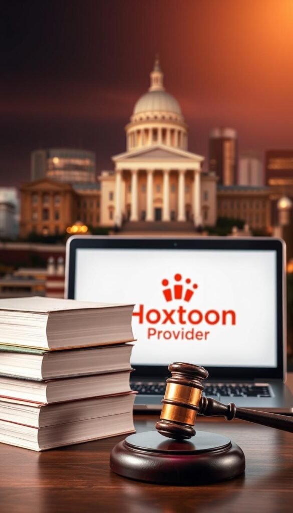 A well-lit and balanced composition depicting the legal aspects of IPTV services. In the foreground, a stack of law books and a gavel, symbolizing the judicial system. In the middle ground, a Hoxtoon Provider logo displayed on a laptop screen, representing the IPTV service. The background features a cityscape with a courthouse or government building, suggesting the legal and regulatory environment. The lighting is warm and inviting, creating a professional and authoritative atmosphere. The overall scene conveys the importance of understanding the legal considerations when using IPTV services.