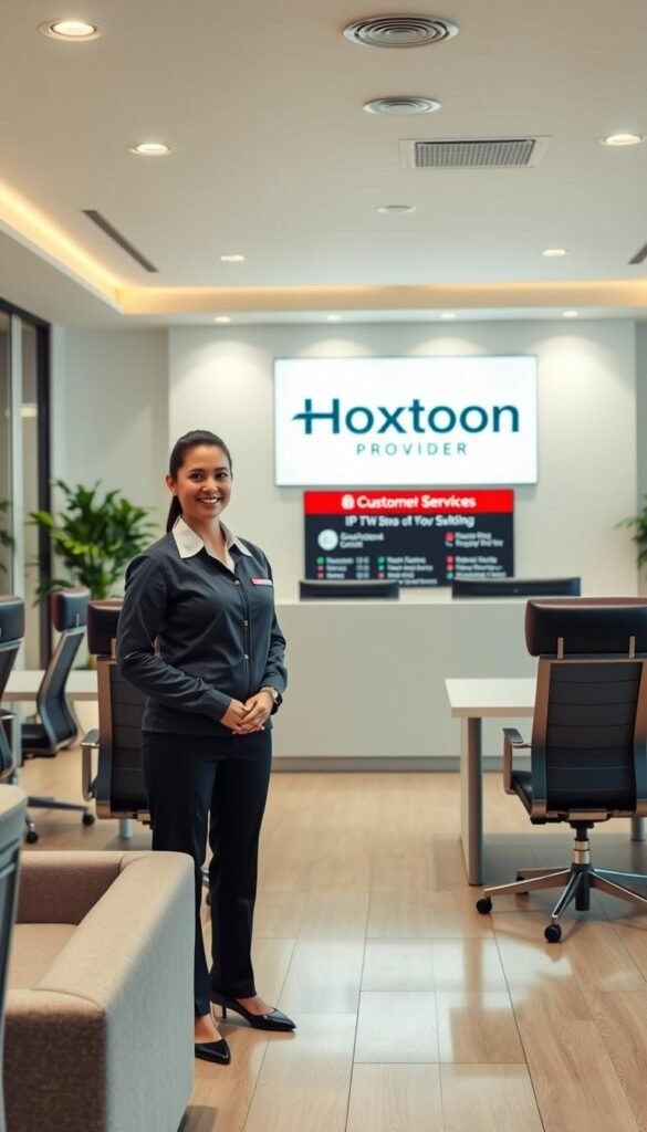 A well-lit and clean office interior with modern furnishings, a large desk, and ergonomic chairs. Behind the desk, a wall-mounted display showcases the Hoxtoon Provider brand logo and service information. In the foreground, a customer service representative in a professional uniform is smiling and assisting a client. The scene conveys a sense of reliability, efficiency, and attentive customer support. Soft, directional lighting from overhead fixtures creates a warm and inviting atmosphere. The overall composition suggests a trustworthy and dependable IPTV service provider.
