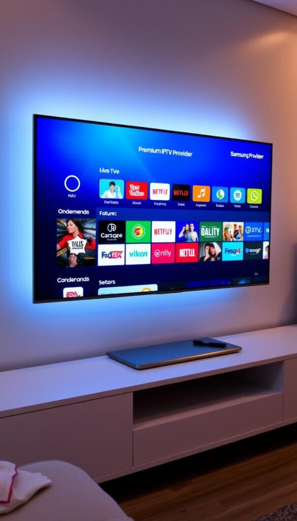 A well-lit and contemporary Samsung Smart TV screen displaying the interface of a premium IPTV service, Hoxtoon Provider. The screen shows an expansive selection of live TV channels, on-demand content, and other streaming features. The TV is positioned on a clean, minimalist entertainment unit, with subtle ambient lighting setting a modern, inviting atmosphere. The scene conveys the ease and convenience of setting up and enjoying a high-quality IPTV experience on a Samsung Smart TV.