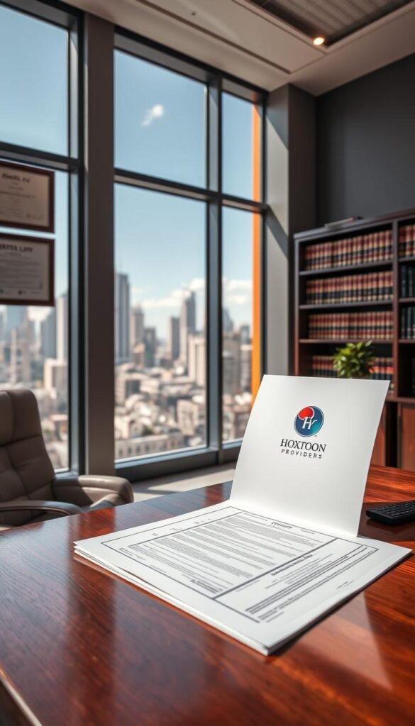 A well-lit and modern legal office setting, with a large window overlooking a city skyline. In the foreground, a wooden desk with a laptop, a stack of legal documents, and a "Hoxtoon Provider" logo prominently displayed. On the wall, framed certificates and diplomas hint at the expertise of the legal professionals. The middle ground features a bookshelf filled with law volumes, and a credenza with a potted plant. The background showcases the cityscape, with skyscrapers and a vibrant, sun-drenched atmosphere. The overall mood is professional, authoritative, and conveys the gravity of legal considerations surrounding IPTV services.
