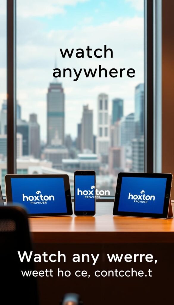 A well-lit and modern office scene with a desktop computer, smartphone, and tablet prominently displayed. The Hoxtoon Provider logo is visible on the devices, showcasing their multi-device compatibility. In the background, a large window overlooking a bustling city skyline, conveying the idea of "watch anywhere". The scene is crisp, clean, and professional, with warm lighting and a subtle depth of field effect, creating a sense of focus on the featured devices. The overall mood is one of productivity, convenience, and the freedom to access content without the constraints of a contract.