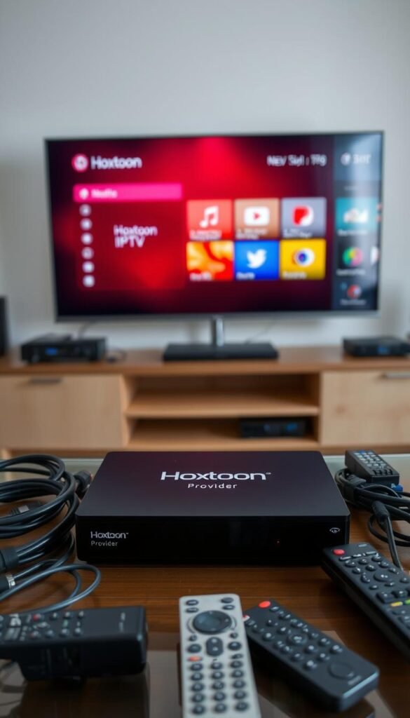 A well-lit and neatly organized home entertainment setup, featuring a sleek black set-top box with the "Hoxtoon Provider" logo prominently displayed. The box is surrounded by various cables, remotes, and other peripherals, arranged in a visually appealing manner. In the background, a large, high-definition television screen displays a vibrant, colorful interface, showcasing the intuitive Hoxtoon IPTV user experience. The scene conveys a sense of technological sophistication and user-friendliness, inviting the viewer to imagine the seamless setup and enjoyment of a comprehensive IPTV service.