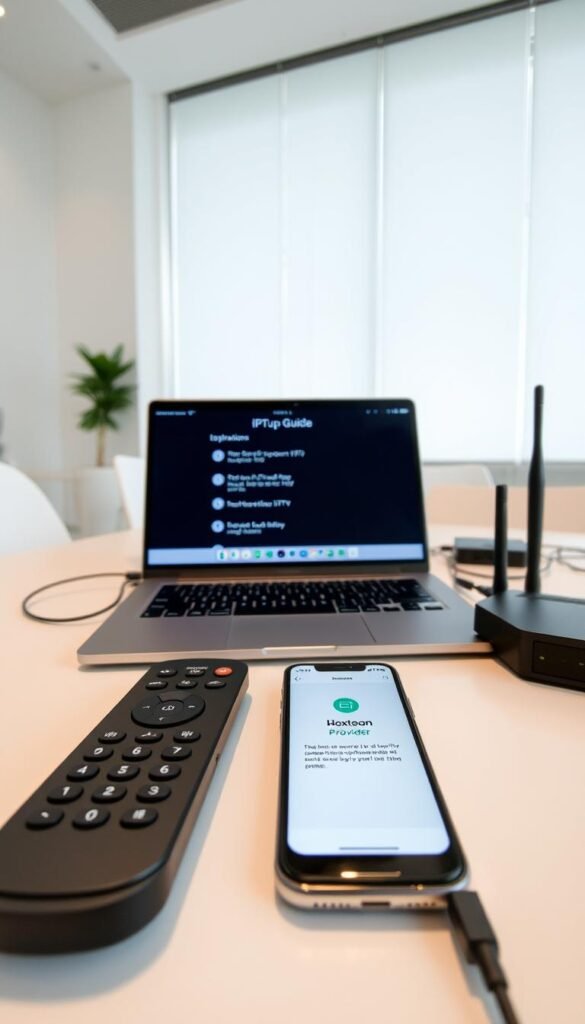 A well-lit and neatly organized workstation with a laptop, router, and various IPTV-related devices. On the laptop screen, a step-by-step IPTV setup guide is displayed, providing clear instructions. In the foreground, a Hoxtoon Provider remote control and a smartphone with the Hoxtoon Provider app open. The middle ground features an IPTV set-top box and an Ethernet cable connecting the router. The background showcases a clean, minimalist office environment with a large window letting in soft, diffused natural lighting.