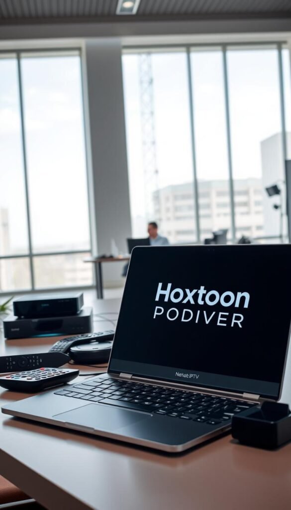 A well-lit, clean and modern office interior. In the foreground, a sleek, high-end laptop displaying the Hoxtoon Provider logo prominently. On the desk, various streaming devices and remote controls, conveying the versatility of the legal IPTV service. In the middle ground, a person sitting at the desk, casually browsing content on the laptop, showcasing the seamless user experience. The background features floor-to-ceiling windows, allowing natural light to flood the space and create a sense of openness and professionalism. The overall tone is one of reliability, quality and legality, positioning Hoxtoon Provider as the leading legal IPTV solution in the USA.