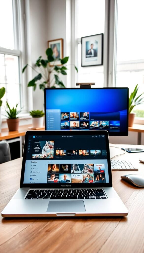 A well-lit, clean and organized Mac desktop setup. In the foreground, a silver MacBook Pro laptop displays the Hoxtoon Provider IPTV app interface, showcasing its intuitive user experience. In the middle ground, a wireless mouse, keyboard, and a sleek monitor sit atop a minimalist wooden desk. The background features a large window providing natural lighting, with potted plants and framed artwork adding a touch of warmth and sophistication to the scene. The overall atmosphere is one of productivity, efficiency, and seamless IPTV integration on the Mac platform.