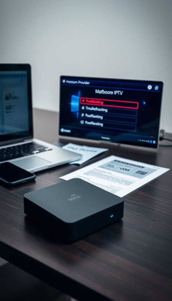 A well-lit close-up of a modern MAG box sitting on a dark wooden desk, with a laptop, smartphone, and technical documents nearby. The MAG box's display shows the Hoxtoon Provider IPTV service's user interface, conveying troubleshooting and configuration options. The scene exudes a professional, problem-solving atmosphere, with a muted color palette and clean, minimalist styling to reflect the technical nature of the subject matter.