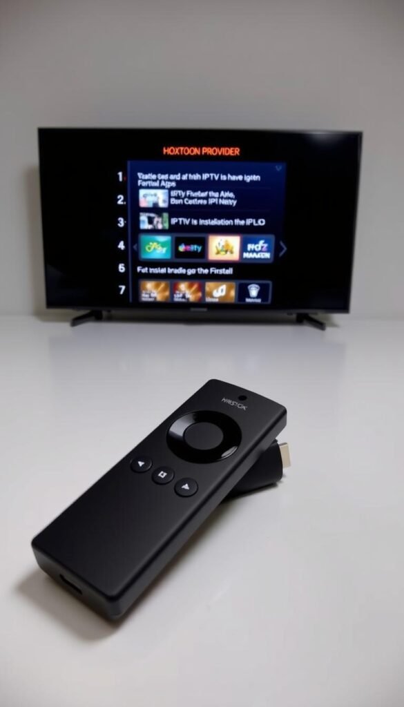 A well-lit, close-up view of a Firestick device with a step-by-step guide on the screen, displayed against a clean, minimalist background. The guide showcases the installation process for an IPTV app, with clear and intuitive visuals. The Hoxtoon Provider logo is prominently featured, indicating the IPTV service being used. The overall scene conveys a sense of simplicity and ease-of-use, reflecting the user-friendly nature of the installation process.