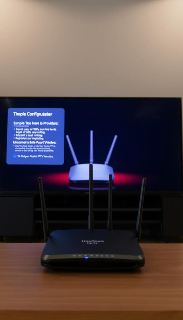A well-lit, close-up view of the Hoxtoon IPTV setup process. In the foreground, a modern smart TV displays the Hoxtoon Provider's onscreen instructions, guiding the user through the simple configuration steps. The middle ground features a sleek, state-of-the-art wireless router, symbolizing the reliable internet connectivity required for a seamless IPTV experience. In the background, a minimalist home entertainment setup, with clean lines and subtle ambient lighting, sets the tone for a sophisticated, technology-driven environment. The overall scene conveys a sense of ease and efficiency, reflecting the user-friendly nature of the Hoxtoon IPTV service.