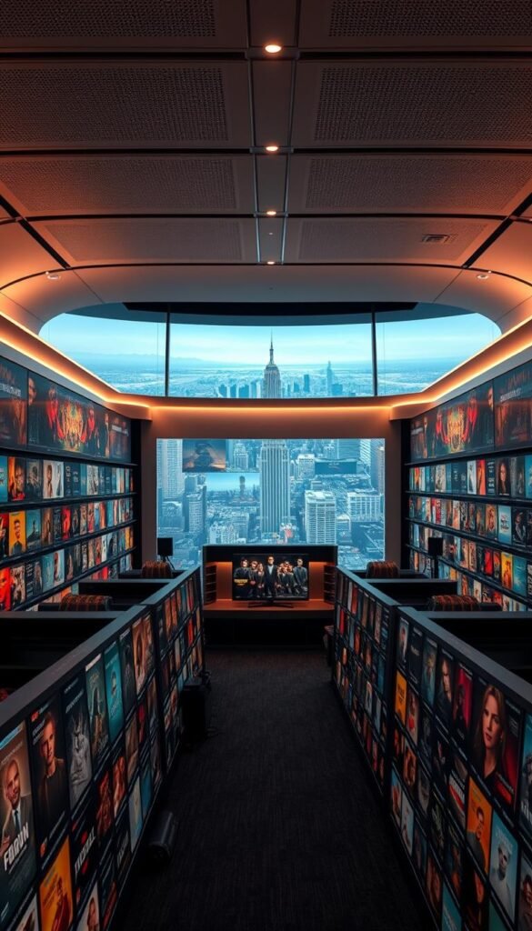 A well-lit, expansive entertainment hub showcasing Hoxtoon Provider's vast VOD collection. In the foreground, rows of high-definition movie posters and TV show covers beckon, their vibrant colors and captivating imagery drawing the viewer in. The middle ground features a sleek, modern interface with intuitive navigation, allowing seamless exploration of over 150,000 on-demand titles. In the background, a panoramic vista of a futuristic cityscape sets the scene, hinting at the endless entertainment possibilities within Hoxtoon's digital ecosystem. Subtle ambient lighting casts a warm, inviting glow, creating a premium, cinematic atmosphere. The overall composition conveys a sense of discovery, immersion, and the thrill of unlimited entertainment at one's fingertips.