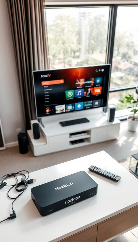 A well-lit, high-angle shot of a modern home entertainment setup. In the foreground, a sleek black IPTV streaming device labeled "Hoxtoon Provider" sits atop a clean, minimalist TV stand. Surrounding it, various cables and remote controls are neatly organized. The middle ground features a large, high-definition television mounted on the wall, displaying a visually appealing user interface. In the background, a large window allows natural light to flood the room, creating a bright and inviting atmosphere. The overall scene conveys a sense of technological sophistication and ease of use for the Hoxtoon IPTV setup.