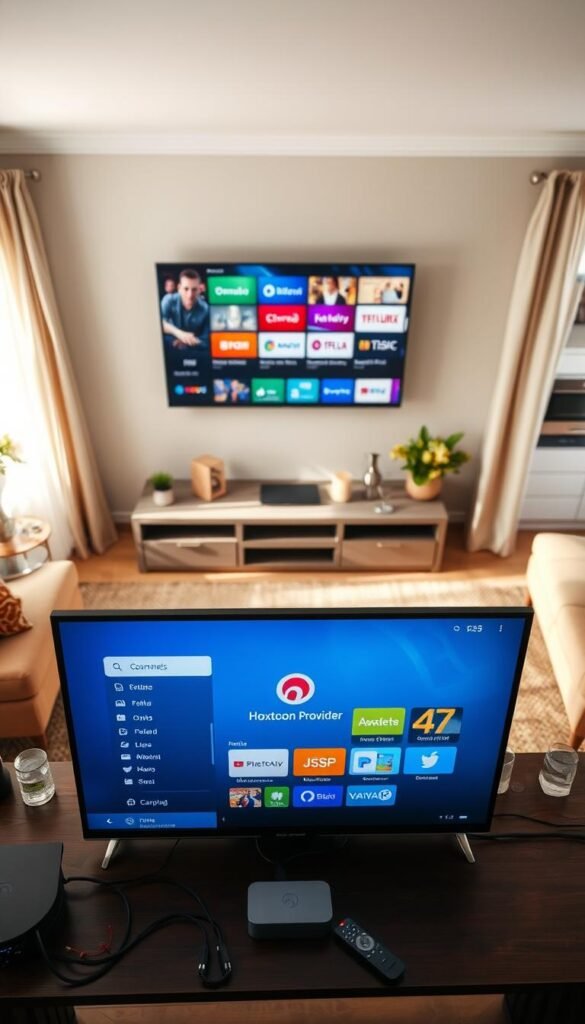 A well-lit, high-angle view of a home entertainment setup, showcasing the process of configuring an IPTV Poland service. In the foreground, a modern smart TV displays the Hoxtoon Provider's user interface, inviting the viewer to explore the diverse channels and on-demand content. The middle ground features a sleek streaming device, cables, and a remote control, highlighting the seamless integration of the IPTV system. The background reveals a cozy living room setting, with tasteful decor and natural lighting, conveying a sense of comfort and relaxation for the viewer's IPTV Poland viewing experience.