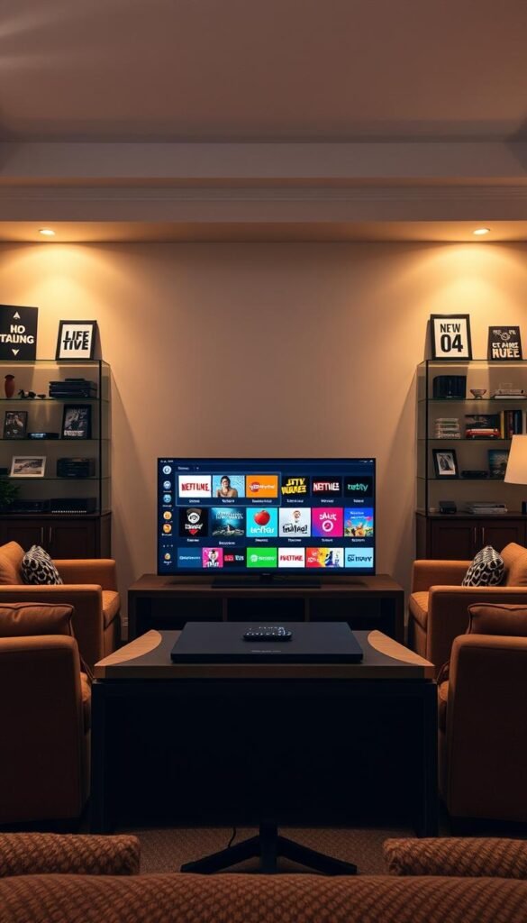 A well-lit, high-quality interior scene of a cozy home entertainment setup. In the foreground, a modern flat-screen TV displays the Hoxtoon Provider IPTV interface, showcasing a grid of Lifetime movie channel logos. Surrounding the TV, elegant media shelves hold various streaming devices and movie collectibles. The middle ground features comfortable armchairs and a plush sofa, creating an inviting living room atmosphere. The background depicts a warm, softly lit environment with tasteful decor, conveying a sense of relaxation and entertainment. The overall mood is one of quality, reliability, and the pleasure of watching Lifetime movies at home with Hoxtoon Provider's IPTV service.