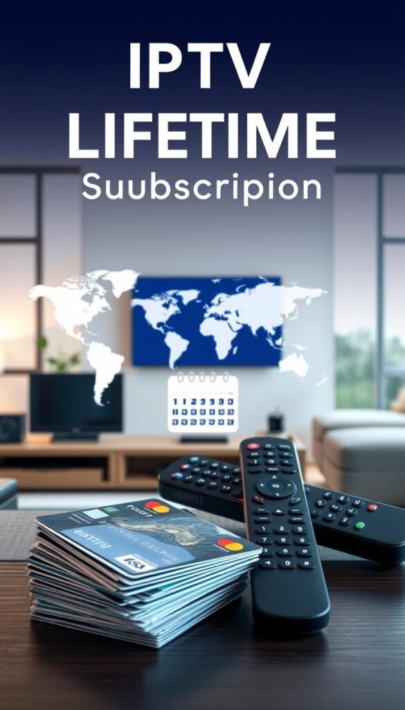 A well-lit, high-quality photograph showcasing the benefits of an IPTV lifetime subscription from the Hoxtoon Provider. In the foreground, a stack of payment cards, digital devices, and a remote control, symbolizing the convenience and cost-savings of a lifetime plan. In the middle ground, a calendar and a stylized world map, conveying the unlimited access and global coverage of the IPTV service. In the background, a serene, modern living room setting with large windows, conveying the relaxed, hassle-free experience of enjoying premium content at home. The overall mood is one of simplicity, efficiency, and the joy of uninterrupted entertainment.