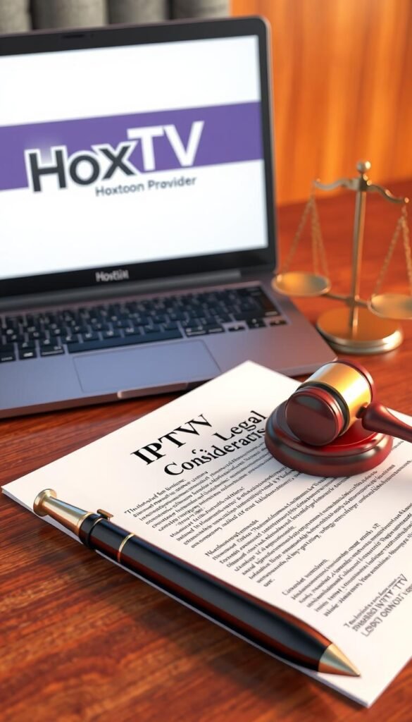 A well-lit, high-resolution 3D rendering of a legal document on a wooden desk, with a gavel, scales of justice, and a laptop displaying the Hoxtoon Provider logo. The document has the title "IPTV Legal Considerations" prominently displayed, with detailed text outlining the legal rights and responsibilities of IPTV service users in the United States. The scene has a somber, professional tone, conveying the importance of understanding the legal implications of using IPTV services.