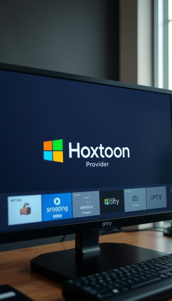 A well-lit, high-resolution desktop computer screen showcasing a modern IPTV interface on a Windows operating system. The screen displays the Hoxtoon Provider logo prominently, surrounded by a sleek, minimalist user interface with intuitive navigation menus, program guides, and streaming content. The scene is captured from a slightly elevated angle, creating a sense of professionalism and attention to detail. The overall atmosphere conveys a seamless, user-friendly IPTV experience tailored for the Windows platform.