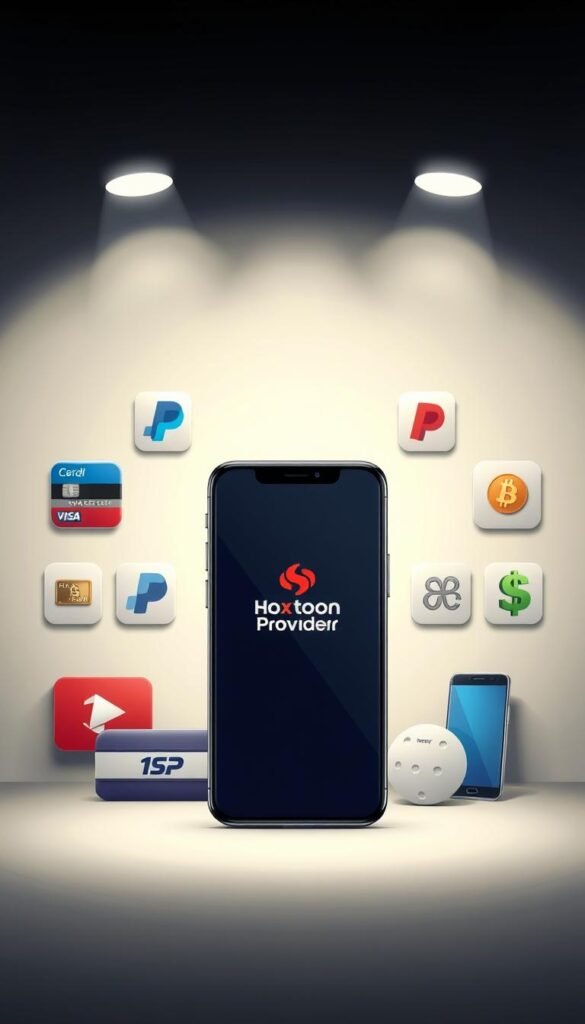 A well-lit, high-resolution digital illustration showcasing various payment methods for IPTV services. In the foreground, a sleek, modern digital wallet app prominently displays the Hoxtoon Provider logo. Surrounding it, a selection of familiar payment icons - PayPal, credit cards, cryptocurrencies, and mobile wallets - are arranged in a visually appealing, grid-like composition. The middle ground features a clean, minimalist background with subtle textures, conveying a sense of professionalism and security. The overall tone is sophisticated, tech-savvy, and reassuring, reflecting the safe and reliable nature of IPTV payment transactions.