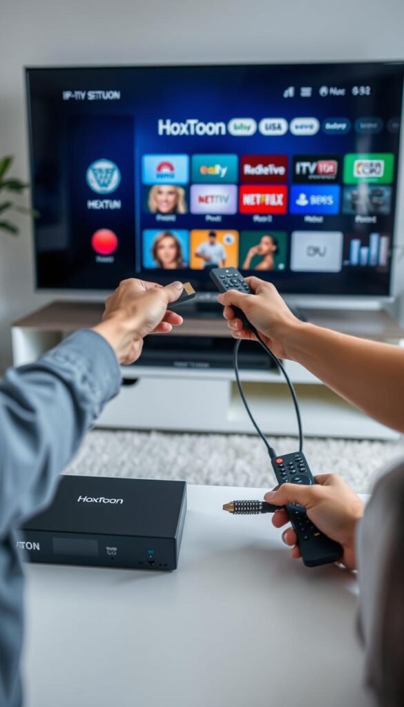 A well-lit, high-resolution image depicting the setup process for a Hoxtoon IPTV service. In the foreground, a modern smart TV displaying the Hoxtoon provider's user interface, surrounded by a sleek, black set-top box and a wireless remote control. In the middle ground, a person's hands carefully connecting HDMI and Ethernet cables to the set-top box. The background showcases a contemporary living room setting with minimalist decor, providing a clean and inviting atmosphere. The overall scene conveys a sense of ease and simplicity in setting up the Hoxtoon IPTV service.