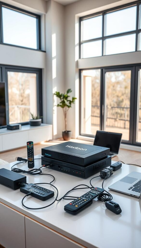 A well-lit, high-resolution image of a modern living room setup, showcasing the Hoxtoon Provider IPTV4K device prominently displayed on a clean, minimalist media console. The device is surrounded by various remote controls, cables, and a laptop, suggesting an interactive configuration process. The room features large windows allowing natural light to flood the space, creating a warm and inviting atmosphere. The overall composition emphasizes the simplicity and user-friendliness of the Hoxtoon IPTV4K setup, with a focus on the device itself and the necessary peripheral equipment.