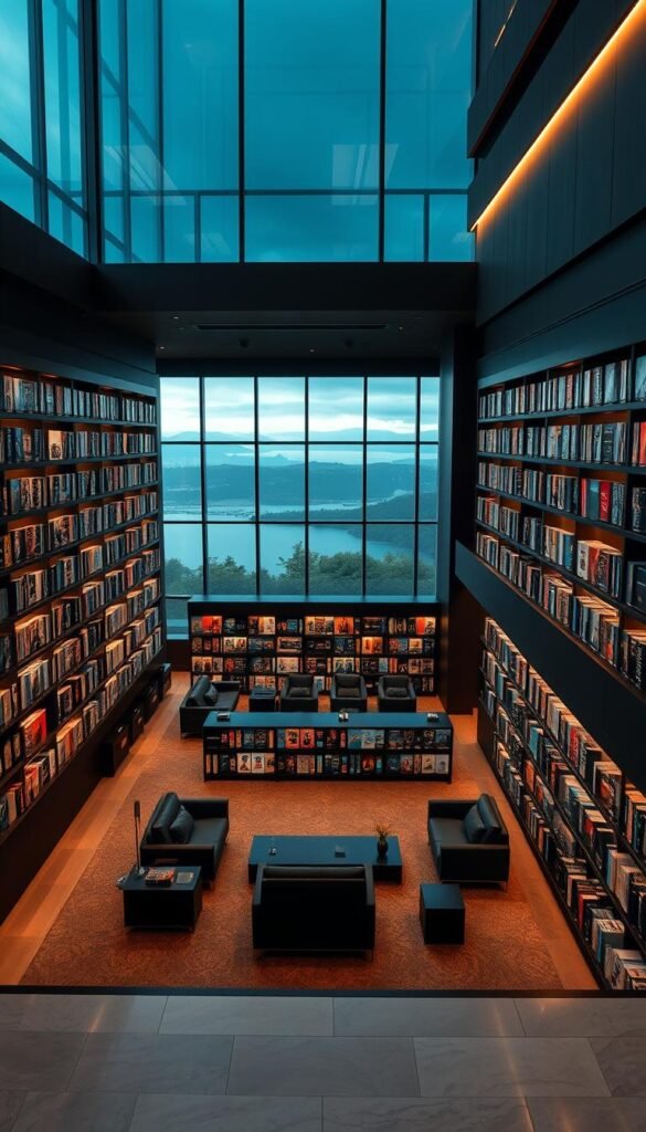 A well-lit, high-resolution interior scene of the Hoxtoon Provider's extensive VOD library. In the foreground, rows of stylish, minimalist shelving display a vast collection of movie and TV show covers, illuminated by warm, directional lighting. The middle ground features comfortable seating areas where viewers can browse the library, with sleek, modern furniture and sophisticated decor. In the background, a large, panoramic window offers a scenic vista, adding depth and a sense of openness to the space. The overall atmosphere is one of sophistication, curation, and an immersive entertainment experience.