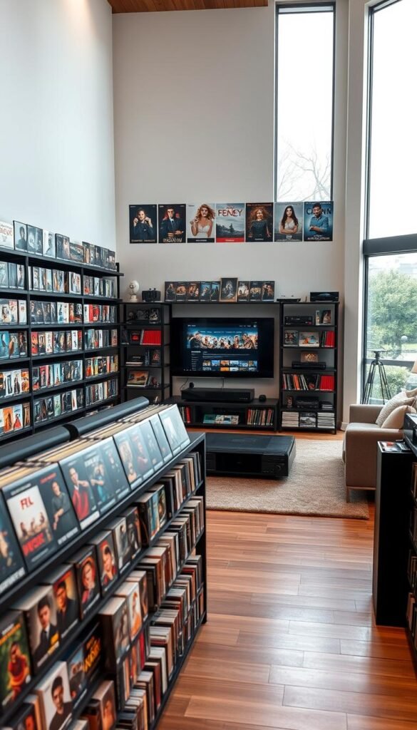 A well-lit, high-resolution interior scene showcasing the extensive Hoxtoon Provider IPTV VOD library. In the foreground, rows of shelves display a vast collection of movie covers and TV show thumbnails, meticulously organized and easily browsable. The middle ground features a modern, minimalist entertainment system setup, with a large flat-screen TV and sleek media players. The background depicts a cozy, contemporary living room setting, with large windows allowing natural light to flood the space. The overall atmosphere conveys a sense of cinematic immersion and content abundance, highlighting Hoxtoon Provider's robust VOD offerings.