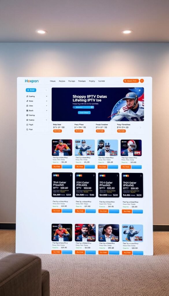 A well-lit, high-resolution photograph of a modern e-commerce website interface showcasing the "Shoppy IPTV Lifetime Deals" product offerings. The website layout is clean and visually appealing, with a prominent hero section featuring the "Hoxtoon Provider" brand logo. The middle ground displays a grid of various IPTV service packages, each with detailed pricing and feature information. The background subtly suggests a professional, trustworthy atmosphere, with muted tones and minimalist design elements. The overall mood conveys a sense of reliability and value for the "Shoppy IPTV Lifetime Deals" proposition.