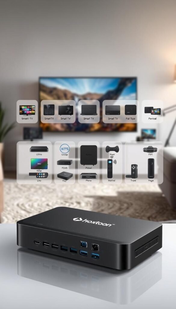 A well-lit, high-resolution photograph of an IPTV device showcasing its compatibility with various platforms. The device, labeled "Hoxtoon Provider", is placed prominently in the foreground, its sleek, modern design and array of ports and connections clearly visible. The middle ground features a selection of compatible devices such as smart TVs, streaming boxes, and mobile devices, all arranged in a visually appealing and informative manner. The background subtly depicts a cozy, home entertainment setup, providing context for the IPTV device's intended use. The overall image conveys a sense of ease and seamless integration, highlighting the versatility and user-friendliness of the Hoxtoon Provider IPTV solution.