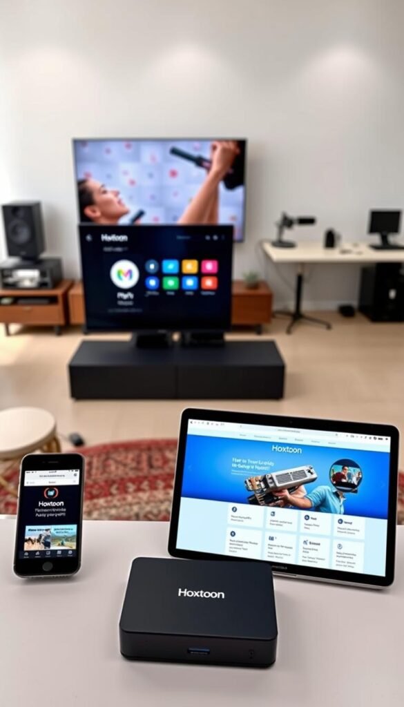 A well-lit, high-resolution scene depicting the setup of Hoxtoon IPTV service on various devices. In the foreground, a stylish living room setup with a sleek smart TV, an IPTV streaming box, and a mobile device showcasing the Hoxtoon app interface. In the middle ground, a laptop and a tablet displaying the Hoxtoon provider's website and subscription management options. The background features a modern, minimalist home office setup with a desktop computer and networking equipment. The scene conveys a sense of seamless connectivity and ease of use for the Hoxtoon IPTV service across multiple devices.