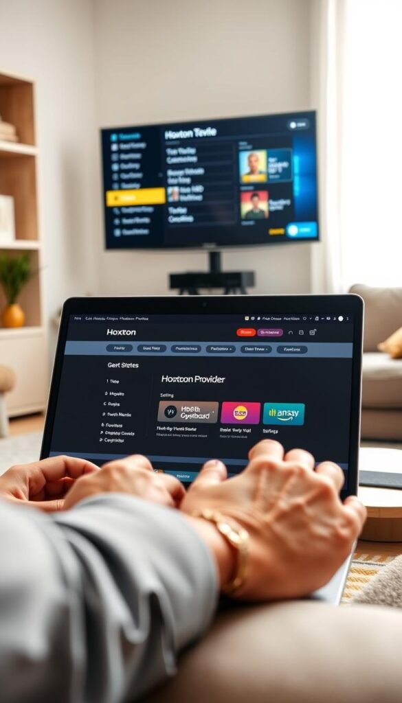 A well-lit, high-resolution scene depicting the step-by-step setup process for a Hoxtoon Provider IPTV service. In the foreground, a person's hands navigate through a modern smart TV interface, selecting various options and settings. In the middle ground, a laptop displays the Hoxtoon Provider website and user dashboard. The background showcases a cozy living room with natural lighting, emphasizing the ease and comfort of the setup experience. The overall tone is informative and inviting, guiding the viewer through the essential steps to get started with the IPTV service.