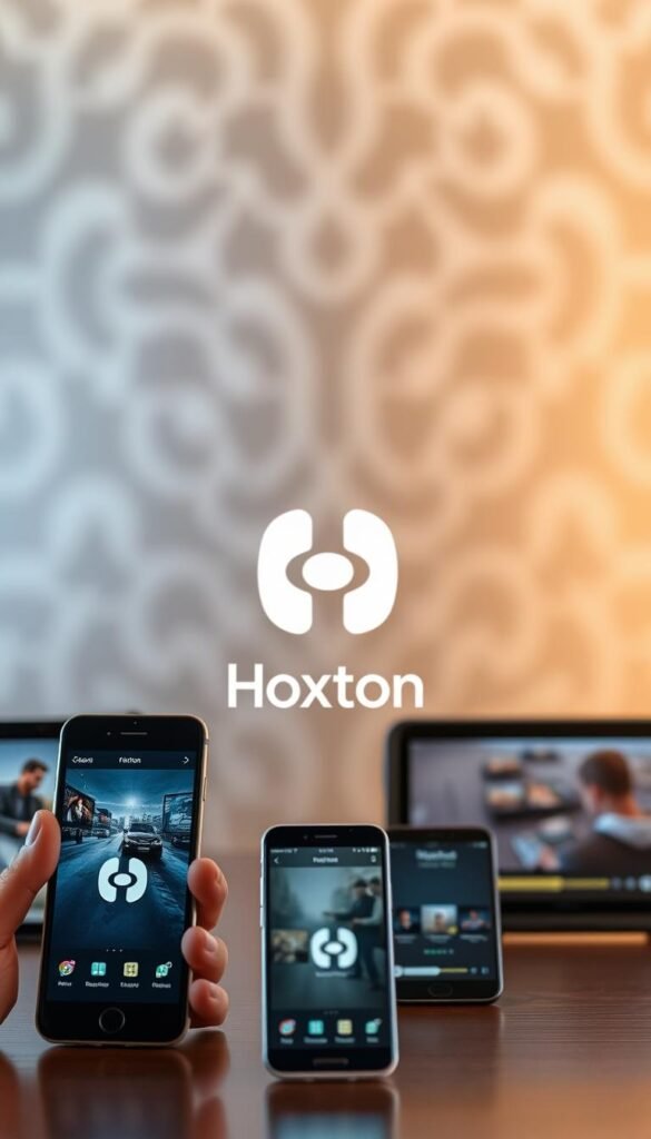 A well-lit, high-resolution scene showcasing the multi-device streaming capabilities of the Hoxtoon Provider service. In the foreground, several modern smartphones and tablets are displayed, each connected to the Hoxtoon service and streaming content simultaneously. The middle ground features a stylized, minimalist representation of the Hoxtoon logo, conveying the brand's identity. The background depicts a blurred, abstract pattern in soothing hues, creating a visually striking and harmonious composition. The overall tone is one of technological sophistication, connectivity, and seamless user experience.