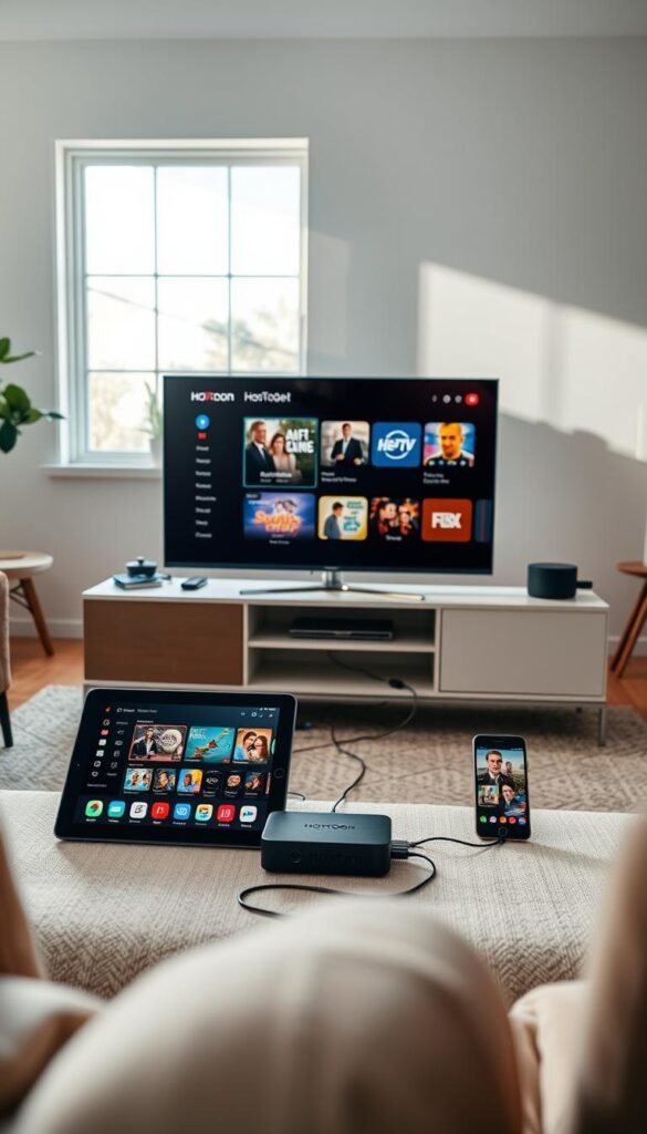 A well-lit, high-resolution scene showcasing the setup of Hoxtoon IPTV on multiple family devices. In the foreground, a sleek, modern TV displays the Hoxtoon interface, with various streaming apps and content visible. Beside it, a tablet and a smartphone are also connected to the Hoxtoon service, showcasing the multi-device compatibility. In the middle ground, a stylish entertainment center houses the Hoxtoon Provider set-top box, connected to the TV and the home network via clean, organized cables. The background features a cozy, minimalist living room setting, with natural lighting streaming in through large windows, creating a warm and inviting atmosphere. The overall scene conveys the ease and convenience of setting up Hoxtoon IPTV across multiple devices within a family home.