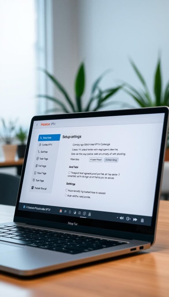 A well-lit, high-resolution screenshot of a laptop display showing the Hoxtoon Provider IPTV setup guide. The guide's interface features a sleek, minimalist design with clear instructions and intuitive navigation. The background is a modern, neutral office setting with a desk, plants, and subtle lighting. The laptop's screen is angled to showcase the setup process in detail, with a focus on the user-friendly menus and settings. The overall mood is professional, informative, and visually appealing, reflecting the quality and reliability of the Hoxtoon Provider IPTV service.