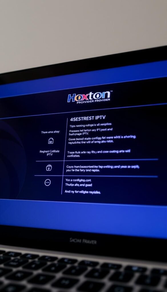 A well-lit, high-resolution screenshot of a laptop display showing the Hoxtoon Provider IPTV setup guide. The guide prominently features the Hoxtoon Provider logo and branding, with clear step-by-step instructions, icons, and visual cues to assist the user in configuring their IPTV service. The scene is shot from a slightly elevated angle, capturing the entire laptop screen in focus, with a clean, minimalist background that allows the guide to be the central point of attention.