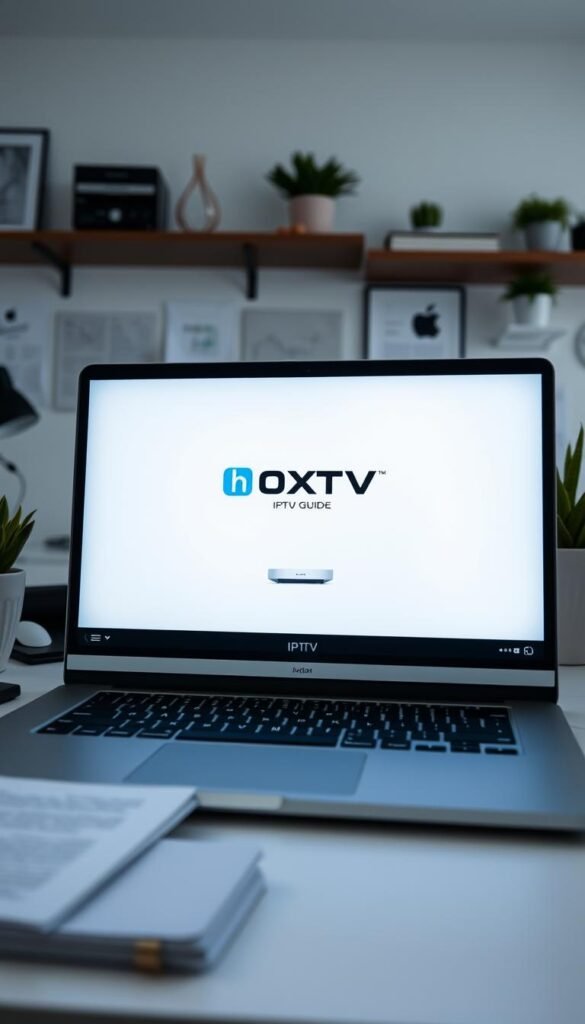 A well-lit, high-resolution screenshot of a modern IPTV setup guide on a laptop or desktop computer screen. The guide is displayed prominently in the center, showcasing the Hoxtoon Provider branding and user-friendly interface. The background features a clean, minimalist workspace with office supplies, plants, and other subtle decor elements. The lighting is soft and diffused, creating a professional and informative atmosphere. The camera angle is slightly above eye-level, providing a clear and detailed view of the setup process.