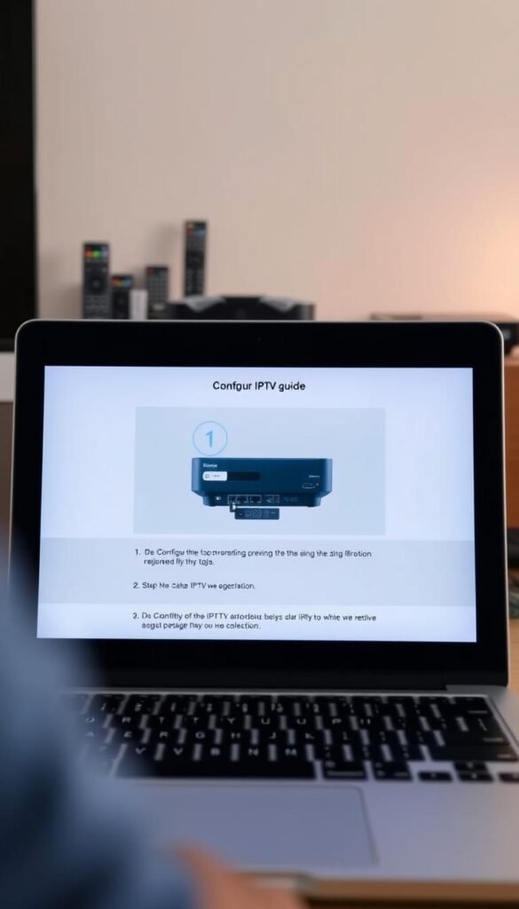 A well-lit, high-resolution screenshot of a step-by-step IPTV setup guide for the Hoxtoon Provider service. The foreground displays a laptop or tablet screen showcasing the configuration process, with clear instructions and visuals guiding the user through the necessary steps. The middle ground features various remote controls, networking devices, and cables, creating a sense of a home entertainment setup. The background subtly blurs out, maintaining focus on the central device and setup details. The overall mood is informative and visually engaging, conveying a sense of a reliable and user-friendly IPTV service.