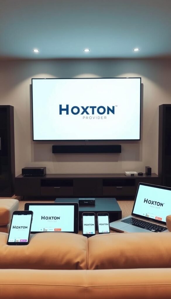 A well-lit living room scene with a large TV on the wall, surrounded by multiple devices including smartphones, tablets, and a laptop. The devices are displaying the Hoxtoon Provider IPTV interface, showcasing the multi-device support feature. The room has a modern, minimalist design with neutral tones and clean lines. Soft, directional lighting illuminates the scene, creating a warm and inviting atmosphere. The layout and arrangement of the devices suggest a seamless, integrated entertainment experience.