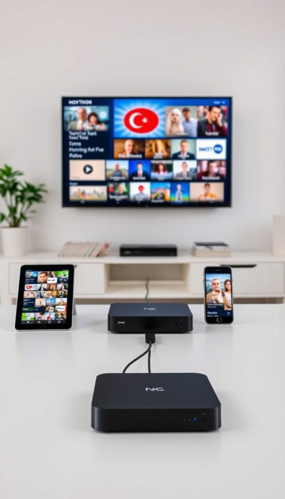 A well-lit living room showcases a variety of devices displaying the Hoxtoon Provider IPTV service. In the foreground, a smart TV streams Turkish channels, its screen crisp and vibrant. Alongside it, a tablet and smartphone also access the IPTV platform, their displays reflecting the diverse content. In the middle ground, a sleek media box connects to the home network, enabling seamless Turkish IPTV streaming. The background features a bookshelf and potted plant, creating a cozy, domestic atmosphere. The scene conveys the technical capabilities and versatility of the Hoxtoon Provider IPTV solution for enjoying Turkish television on multiple devices.