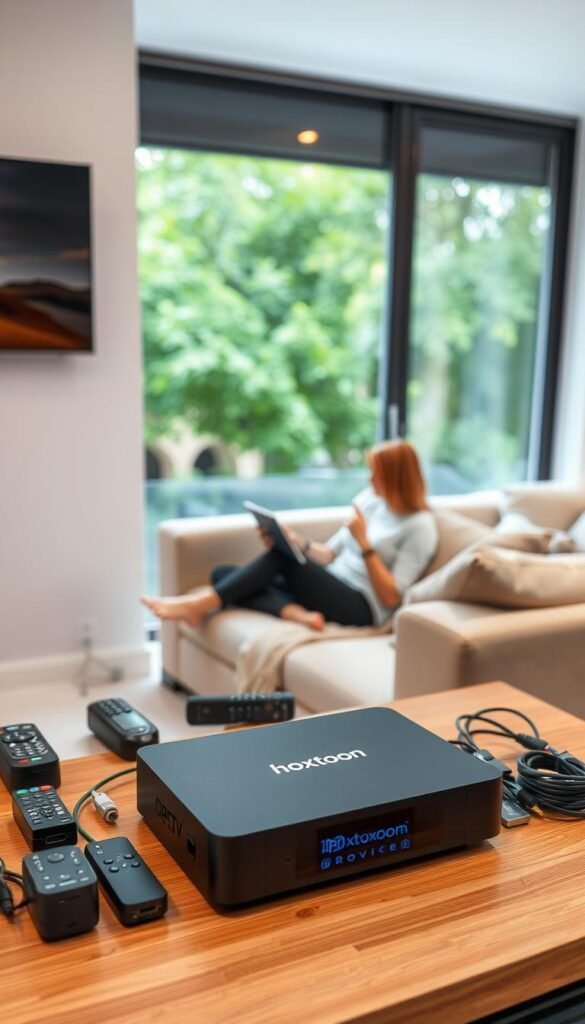 A well-lit living room with a modern flat-screen TV mounted on the wall. In the foreground, a sleek, black IPTV streaming device labeled "Hoxtoon Provider" sits prominently on a wooden TV stand. Surrounding the device are various remote controls, cables, and other accessories, neatly organized. The middle ground features a person comfortably seated on a plush sofa, holding a tablet and browsing IPTV service options. The background showcases a large window with lush greenery outside, creating a calming, natural ambiance. The scene conveys a sense of convenience, technology, and relaxation, capturing the essence of optimizing the IPTV viewing experience.