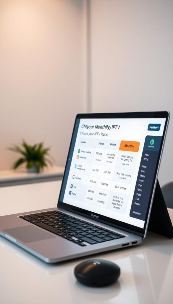 A well-lit minimalist office scene, featuring a laptop displaying various monthly IPTV plan options from the Hoxtoon Provider on a clean white desk. Soft directional lighting illuminates the laptop screen, creating a professional and informative atmosphere. The background is blurred, placing the focus on the laptop display showcasing the different IPTV subscription plans and their details. The image conveys the idea of choosing the right monthly IPTV service to meet one's needs.