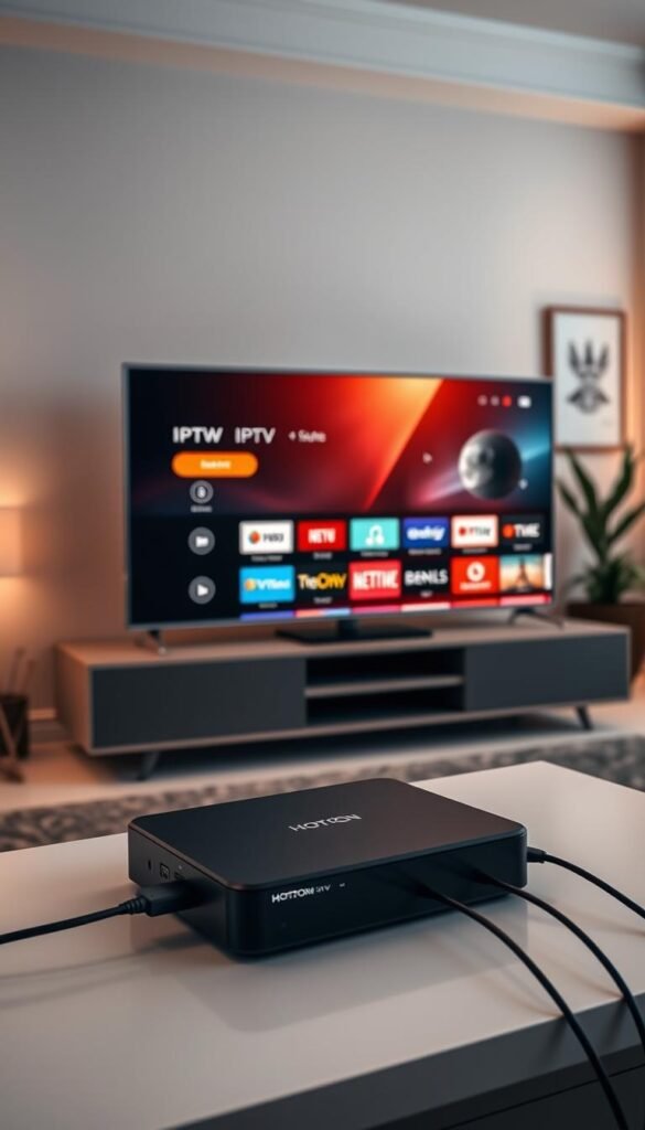 A well-lit, modern home entertainment setup showcasing IPTV streaming without the need for a VPN. The main focus is a sleek, 4K smart TV displaying a crisp, high-quality IPTV interface from the Hoxtoon Provider. In the foreground, a minimalist media console holds a state-of-the-art streaming device, cables neatly organized. The room is bathed in soft, warm lighting, creating a cozy, inviting atmosphere. In the background, subtle decor elements like plants and artwork complement the clean, contemporary design. The scene conveys the ease and convenience of IPTV streaming without relying on a VPN.