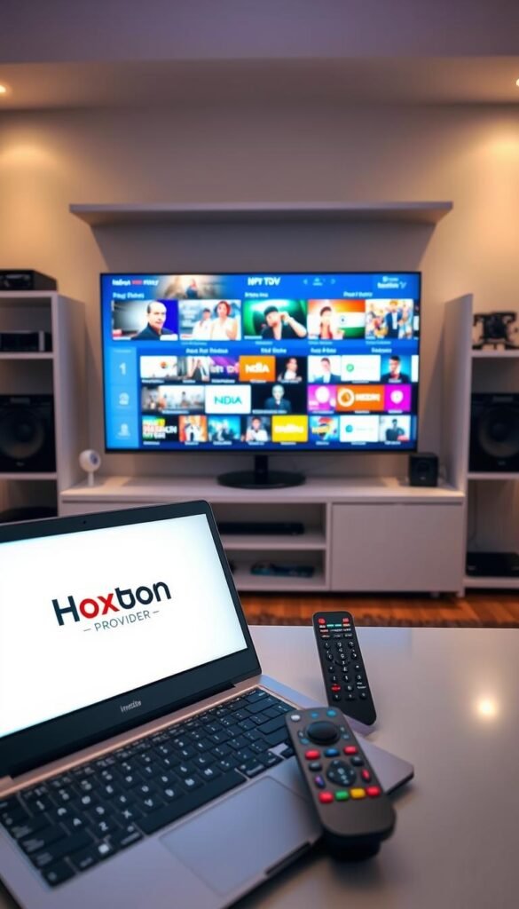 A well-lit, modern home office setup showcasing an IPTV service for Indian channels. In the foreground, a sleek laptop and remote control prominently display the Hoxtoon Provider logo. In the middle ground, a high-definition TV displays a vibrant selection of Indian news, movies, and sports channels. The background features minimalist shelving, neatly organized networking equipment, and subtle ambient lighting, creating a professional and streamlined atmosphere. The scene conveys the ease and convenience of setting up a reliable IPTV service to access a wide range of Indian content at home.