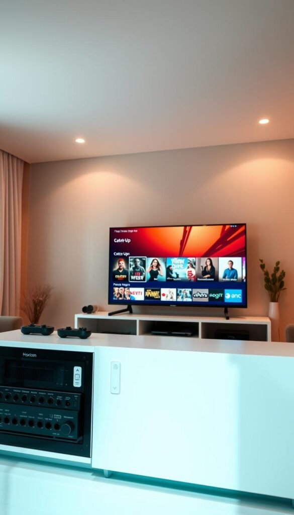 A well-lit, modern living room with a large flat-screen TV on the wall. In the foreground, a sleek, minimalist media center with various inputs and controllers. On the TV screen, the Hoxtoon Provider interface showcases a variety of on-demand content, with a focus on the "Catch Up" feature, highlighting the ability to rewatch missed shows. The room has a cozy, inviting atmosphere, with soft, warm lighting and neutral-toned furnishings, creating a comfortable and immersive home entertainment experience.